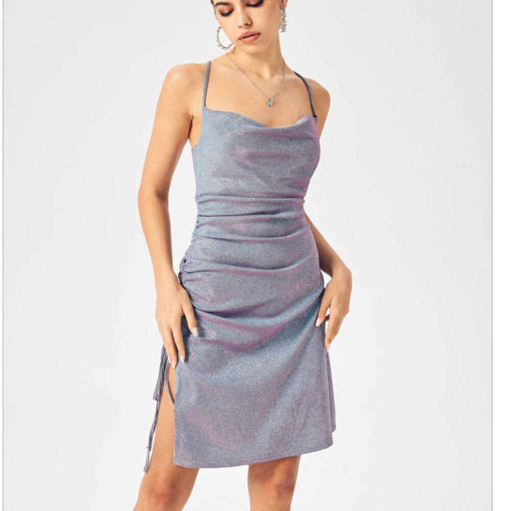 Cider Drawstring Cowl Neck Glitter Mini Dress